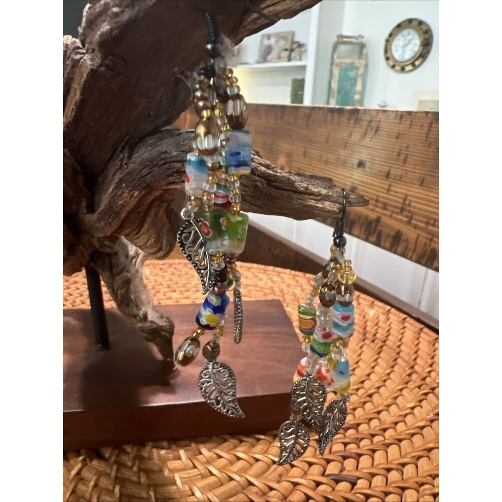 Glass Bead Leaves Dangle Pierced Earrings Silver Multicolor Latch Hook Handmade